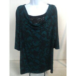 JMS Top Women Size XL 16 W Dark Green w Black Floral Cowl Neck w Lace 3/4 Sleeve